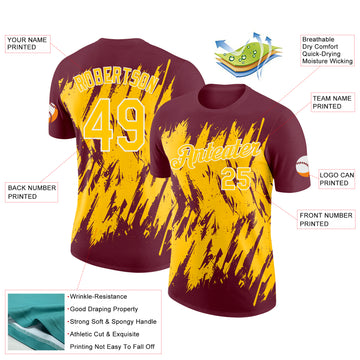 Custom Burgundy Yellow-White Torn Sharp Brush Stroke Splatter Performance T-Shirt