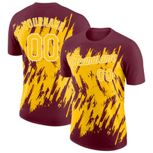 Загрузить изображение в средство просмотра галереи, Custom Burgundy Yellow-White Torn Sharp Brush Stroke Splatter Performance T-Shirt
