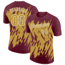 Загрузить изображение в средство просмотра галереи, Custom Burgundy Old Gold-White Torn Sharp Brush Stroke Splatter Performance T-Shirt
