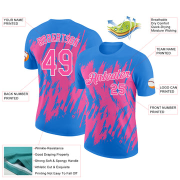 Custom Powder Blue Pink-White Torn Sharp Brush Stroke Splatter Performance T-Shirt