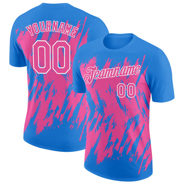 Custom Powder Blue Pink-White Torn Sharp Brush Stroke Splatter Performance T-Shirt