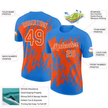 Custom Powder Blue Orange-White Torn Sharp Brush Stroke Splatter Performance T-Shirt