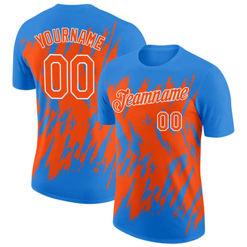 Custom Powder Blue Orange-White Torn Sharp Brush Stroke Splatter Performance T-Shirt