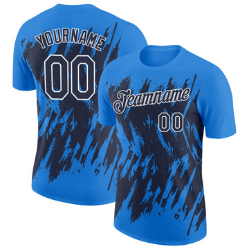 Custom Powder Blue Navy-White Torn Sharp Brush Stroke Splatter Performance T-Shirt