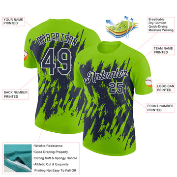 Custom Neon Green Navy-White Torn Sharp Brush Stroke Splatter Performance T-Shirt