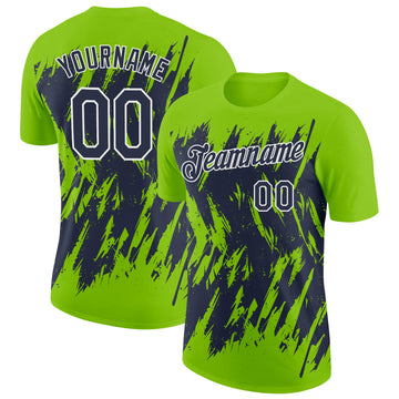 Custom Neon Green Navy-White Torn Sharp Brush Stroke Splatter Performance T-Shirt