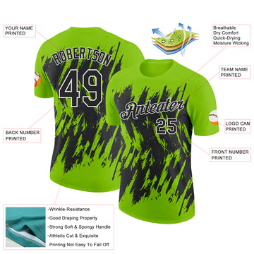 Custom Neon Green Black-White Torn Sharp Brush Stroke Splatter Performance T-Shirt