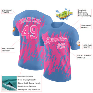 Custom Light Blue Pink-White Torn Sharp Brush Stroke Splatter Performance T-Shirt