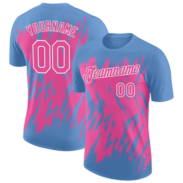 Custom Light Blue Pink-White Torn Sharp Brush Stroke Splatter Performance T-Shirt