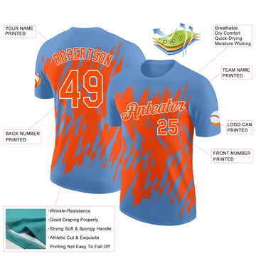 Custom Light Blue Orange-White Torn Sharp Brush Stroke Splatter Performance T-Shirt