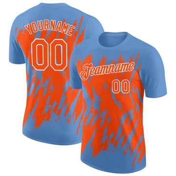 Custom Light Blue Orange-White Torn Sharp Brush Stroke Splatter Performance T-Shirt