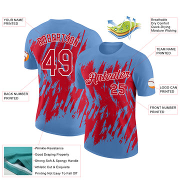 Custom Light Blue Red-White Torn Sharp Brush Stroke Splatter Performance T-Shirt