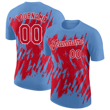 Custom Light Blue Red-White Torn Sharp Brush Stroke Splatter Performance T-Shirt