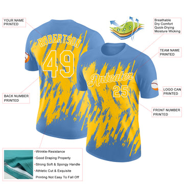 Custom Light Blue Yellow-White Torn Sharp Brush Stroke Splatter Performance T-Shirt