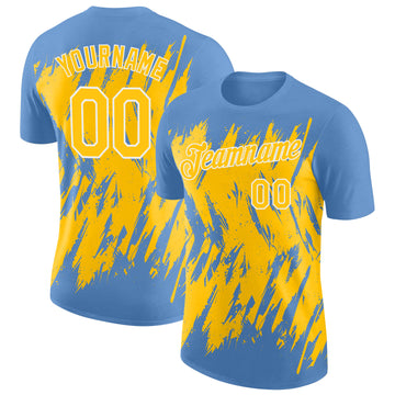 Custom Light Blue Yellow-White Torn Sharp Brush Stroke Splatter Performance T-Shirt