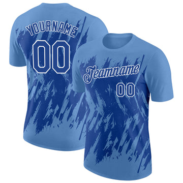 Custom Light Blue Royal-White Torn Sharp Brush Stroke Splatter Performance T-Shirt