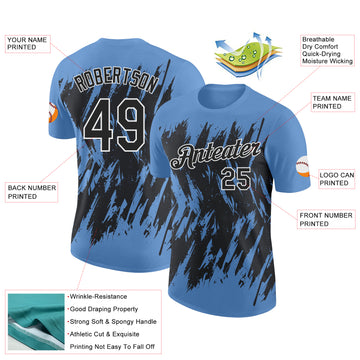 Custom Light Blue Black-White Torn Sharp Brush Stroke Splatter Performance T-Shirt