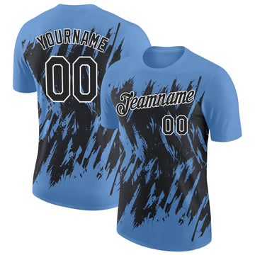 Custom Light Blue Black-White Torn Sharp Brush Stroke Splatter Performance T-Shirt