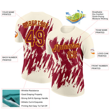 Custom Cream Crimson-Yellow Torn Sharp Brush Stroke Splatter Performance T-Shirt