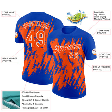 Custom Thunder Blue Orange-White Torn Sharp Brush Stroke Splatter Performance T-Shirt