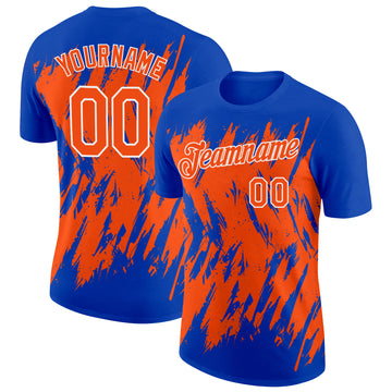 Custom Thunder Blue Orange-White Torn Sharp Brush Stroke Splatter Performance T-Shirt