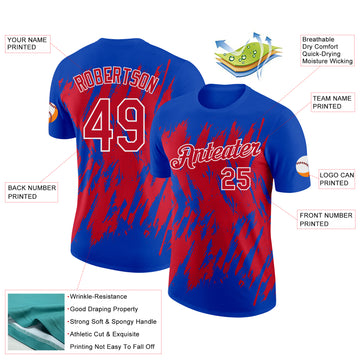Custom Thunder Blue Red-White Torn Sharp Brush Stroke Splatter Performance T-Shirt