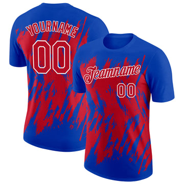 Custom Thunder Blue Red-White Torn Sharp Brush Stroke Splatter Performance T-Shirt