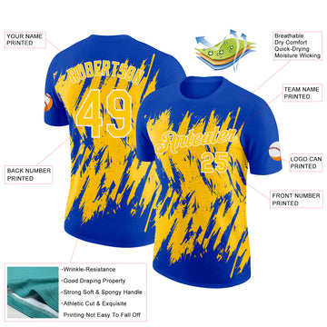 Custom Thunder Blue Yellow-White Torn Sharp Brush Stroke Splatter Performance T-Shirt