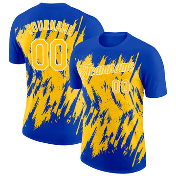 Custom Thunder Blue Yellow-White Torn Sharp Brush Stroke Splatter Performance T-Shirt