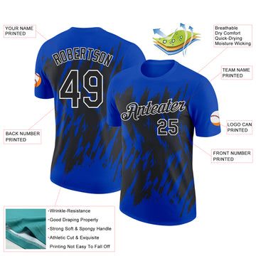 Custom Thunder Blue Black-White Torn Sharp Brush Stroke Splatter Performance T-Shirt