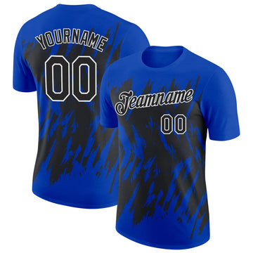 Custom Thunder Blue Black-White Torn Sharp Brush Stroke Splatter Performance T-Shirt