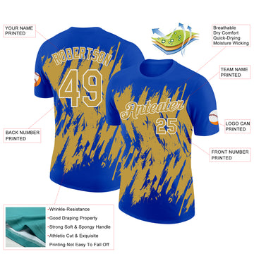 Custom Thunder Blue Old Gold-White Torn Sharp Brush Stroke Splatter Performance T-Shirt