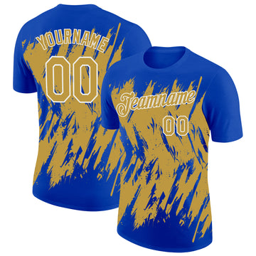 Custom Thunder Blue Old Gold-White Torn Sharp Brush Stroke Splatter Performance T-Shirt