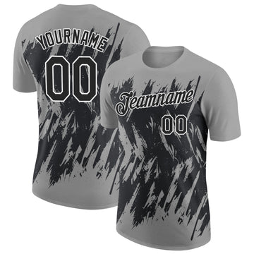 Custom Gray Black-White Torn Sharp Brush Stroke Splatter Performance T-Shirt