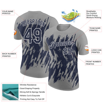 Custom Gray Navy-White Torn Sharp Brush Stroke Splatter Performance T-Shirt