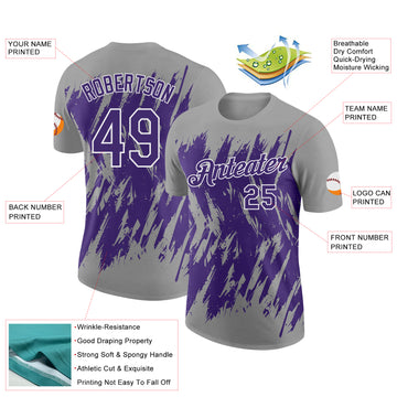 Custom Gray Purple-White Torn Sharp Brush Stroke Splatter Performance T-Shirt