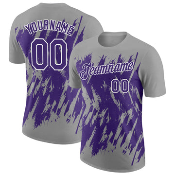 Custom Gray Purple-White Torn Sharp Brush Stroke Splatter Performance T-Shirt