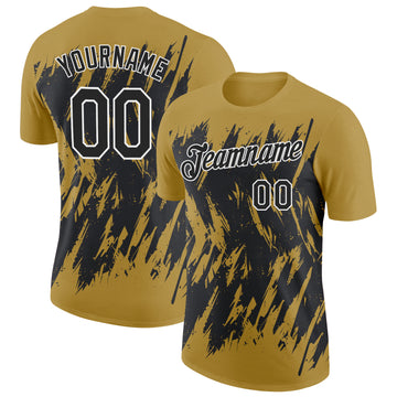 Custom Old Gold Black-White Torn Sharp Brush Stroke Splatter Performance T-Shirt