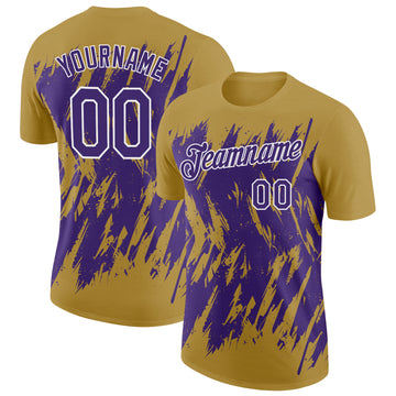 Custom Old Gold Purple-White Torn Sharp Brush Stroke Splatter Performance T-Shirt