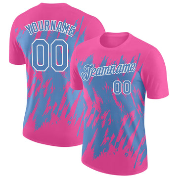 Custom Pink Light Blue-White Torn Sharp Brush Stroke Splatter Performance T-Shirt
