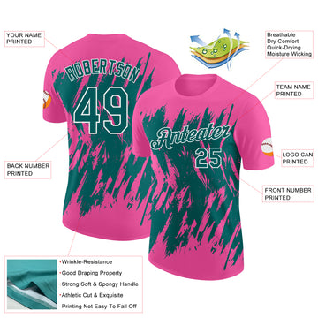 Custom Pink Teal-White Torn Sharp Brush Stroke Splatter Performance T-Shirt