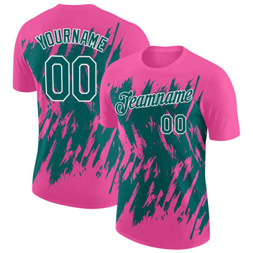Custom Pink Teal-White Torn Sharp Brush Stroke Splatter Performance T-Shirt