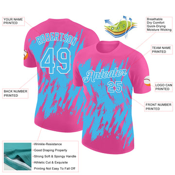 Custom Pink Sky Blue-White Torn Sharp Brush Stroke Splatter Performance T-Shirt