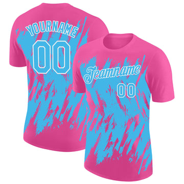 Custom Pink Sky Blue-White Torn Sharp Brush Stroke Splatter Performance T-Shirt