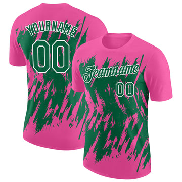 Custom Pink Kelly Green-White Torn Sharp Brush Stroke Splatter Performance T-Shirt