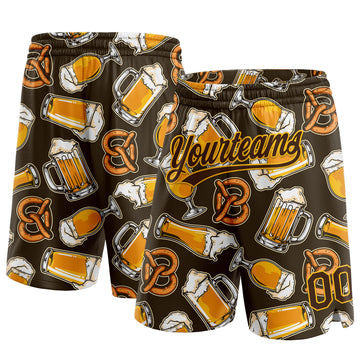 Custom Brown Gold 3D Pattern Design Beer Authentic Basketball Shorts