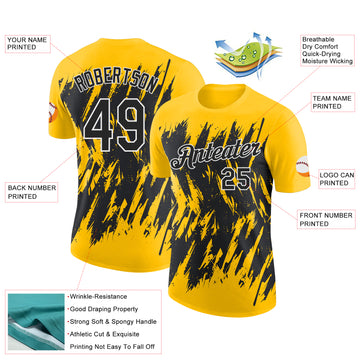 Custom Yellow Black-White Torn Sharp Brush Stroke Splatter Performance T-Shirt