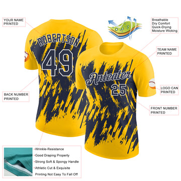 Custom Yellow Navy-White Torn Sharp Brush Stroke Splatter Performance T-Shirt