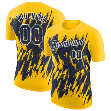 Custom Yellow Navy-White Torn Sharp Brush Stroke Splatter Performance T-Shirt