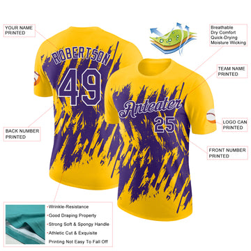 Custom Yellow Purple-White Torn Sharp Brush Stroke Splatter Performance T-Shirt